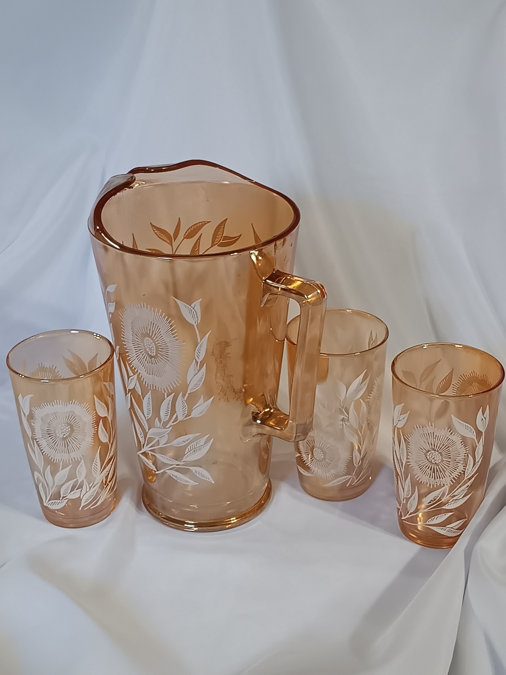 Peach Glass Pitcher and Tumbler Set with Floral Etching